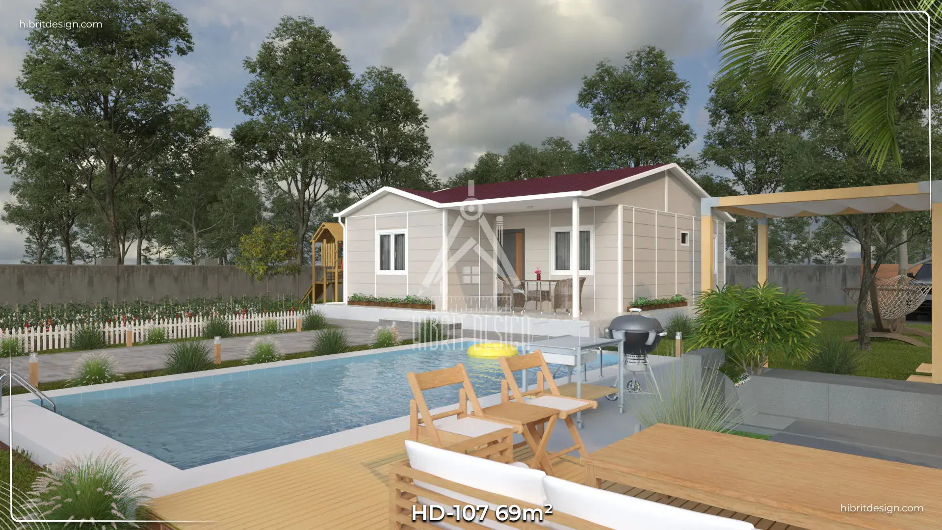 HD-107 69 m² 2+1 tek katlı prefabrik ev, havuz kenarı ahşap deck ve geniş veranda