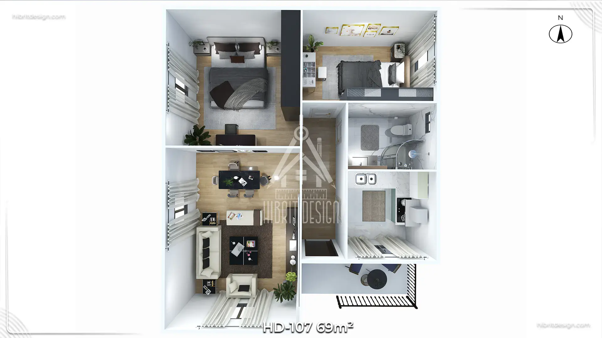 HD-107 69 m² 2+1 tek katlı prefabrik ev, salon ve iki yatak odası 3D iç plan